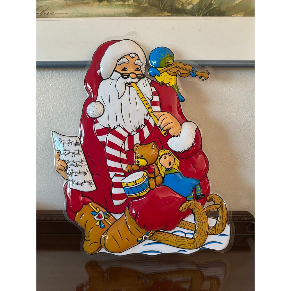 90s Embossed Vacuum Form Santa Claus Musical Sled Window Wall Decor Christmas